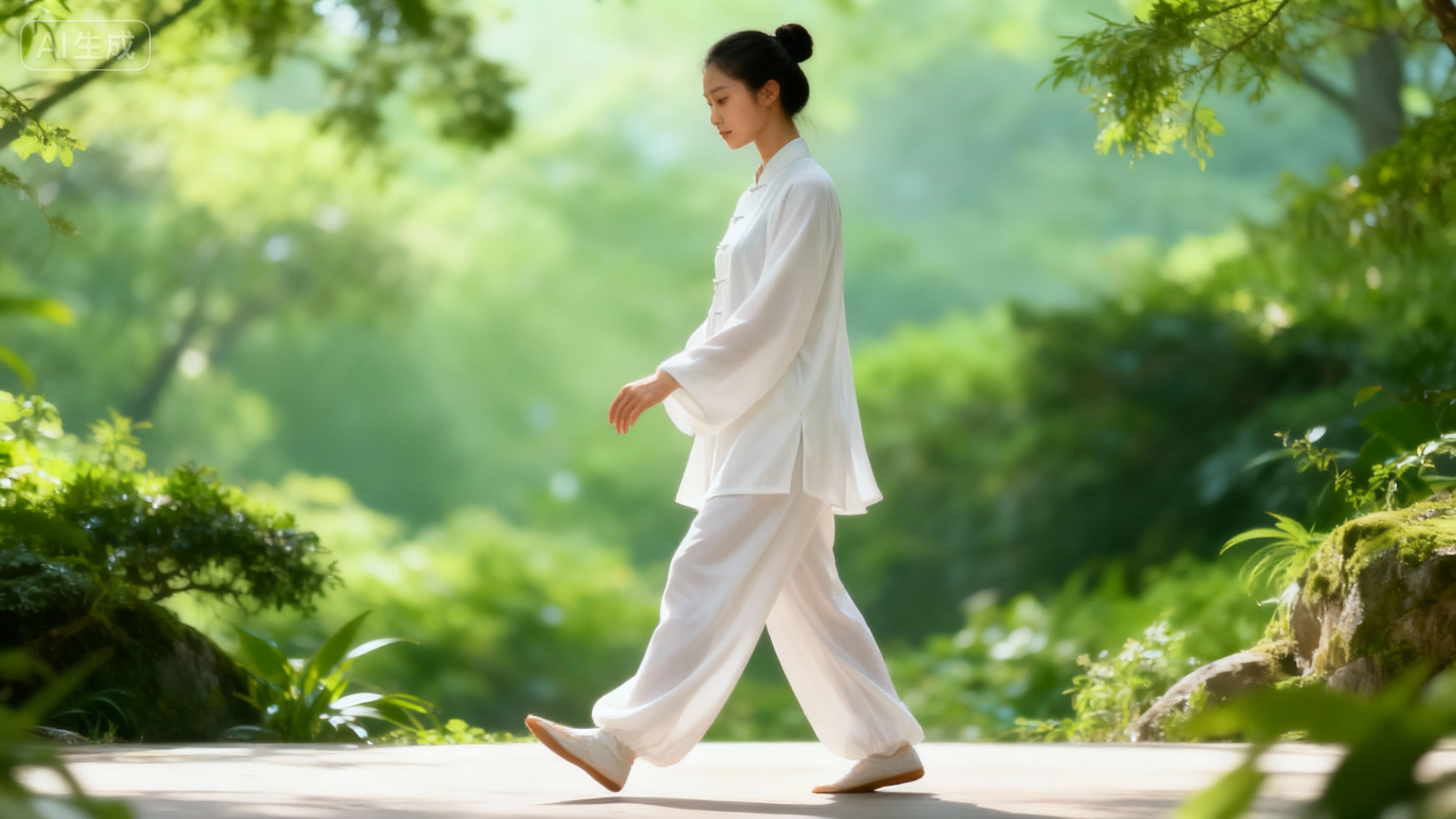 jimeng-2025-10-19-1130-请将这个小心翼翼走路姿势的卡通，转变为同样姿势的穿着白色太极服的美女，背景为翠绿...